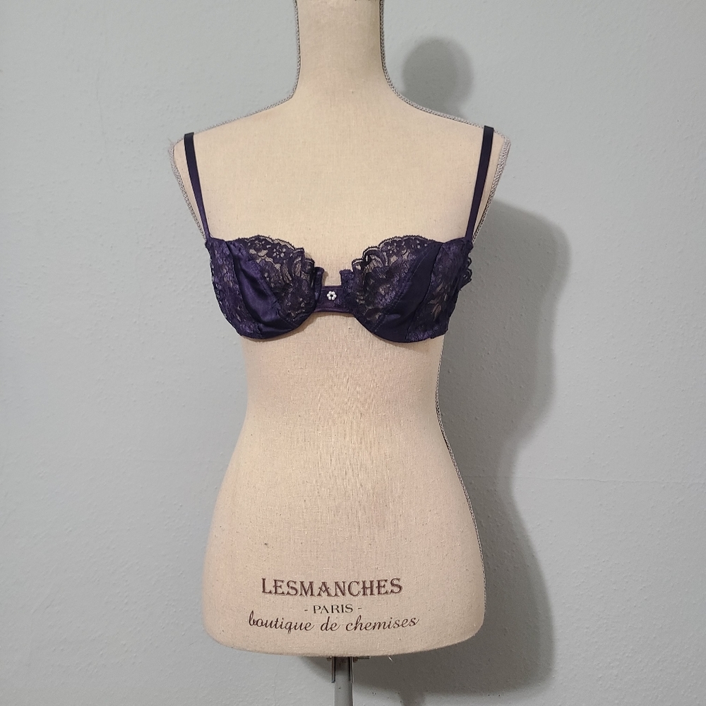 Christian Dior Vintage Dark Purple Lace and Satin Balconette Bra Size 36B